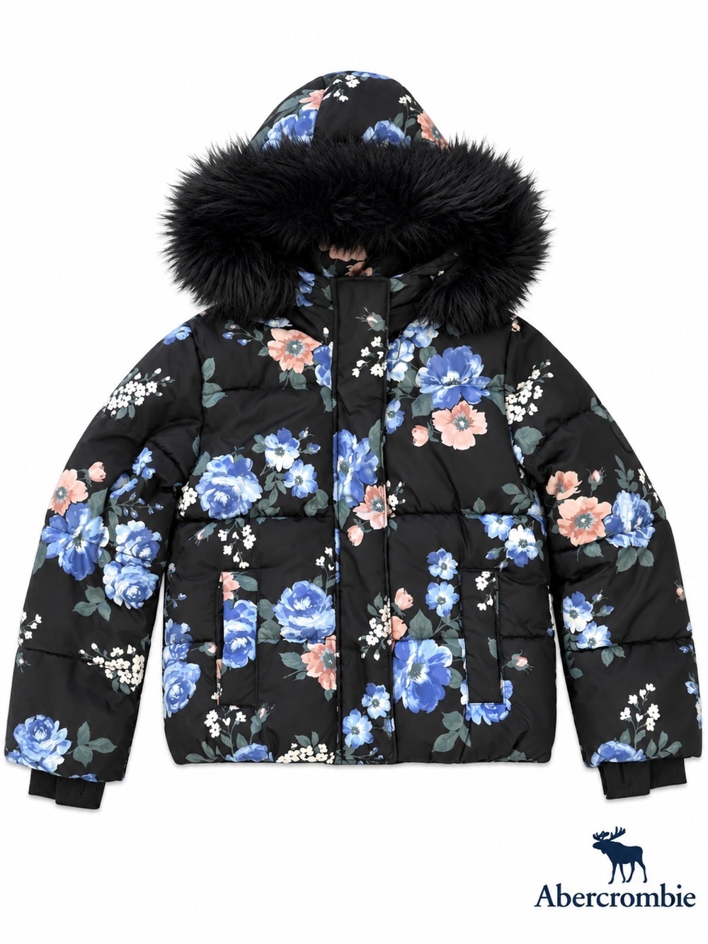 Abercrombie & Fitch Black Floral Puffer Jacket with Faux Fur Trim Kids size 9/10